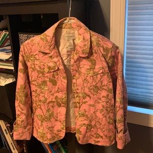 printed cotton jacket from Villager, is pink with sage flowers.